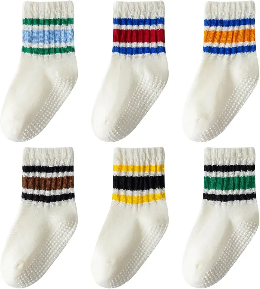 Toddler Grip Socks with Non-Slip Unisex Baby Stripe Crew Cotton Socks