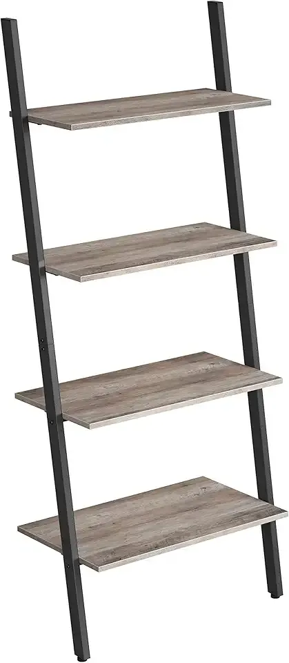 Ladder Shelf, 4-Tier Bookshelf, Storage Rack Shelves, for Living Room, Kitchen, Office, Steel, Stable, Sloping, Leaning Against The Wall, Industrial, Greige and Black ULLS043B02