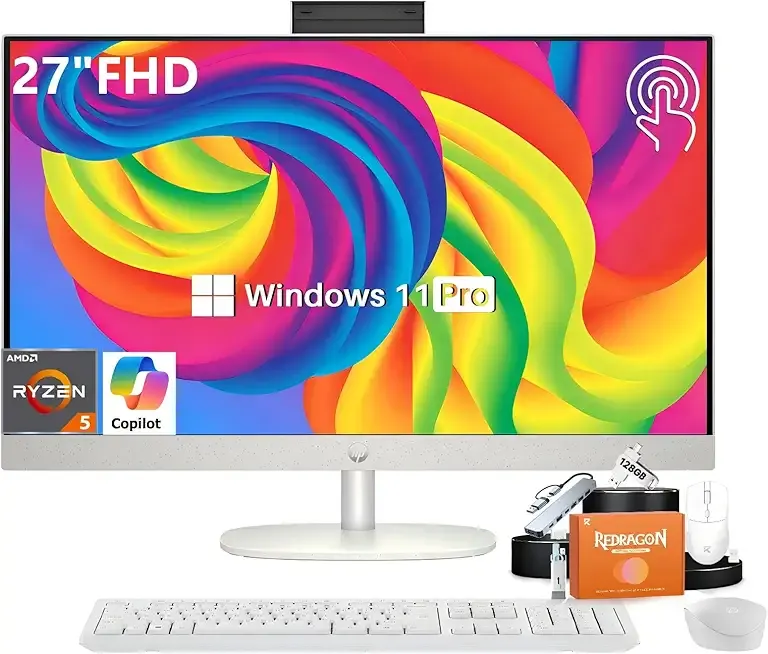 HP 27" All-in-One FHD Touchscreen Desktop Computer, AMD Ryzen 5 7520U Processor, 16 GB LPDDR5 RAM, 1 TB SSD, AMD Radeon Graphics, Wi-Fi 6, Bluetooth 5.3, Windows 11 Pro, Wireless Keyboard and Mouse