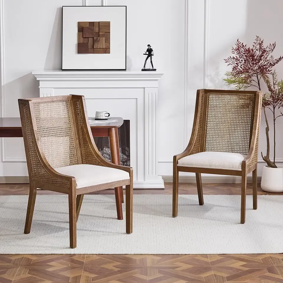 Christopher Knight Home Yone Dining Chairs Set of 2, Modern Dining Chair with Fabric Upholstery, Rubberwood Frame Kitchen Chairs with Cane Webbing, Extra Seat for Dining Room, Beige + Brown