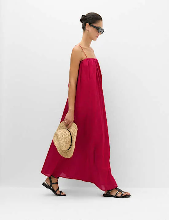 Voluminöses Maxi-Strandkleid mit Trägern aus reiner Baumwolle