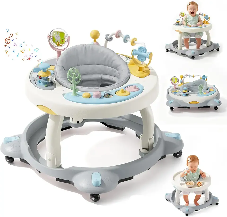 Baby Walker with Wheels,3-in-1 Foldable Infant Walker for Baby 6-12 Months,360° Rotating Seat with Activity Center,Baby Walker for Boys Girls with Musical Toys(Grey)