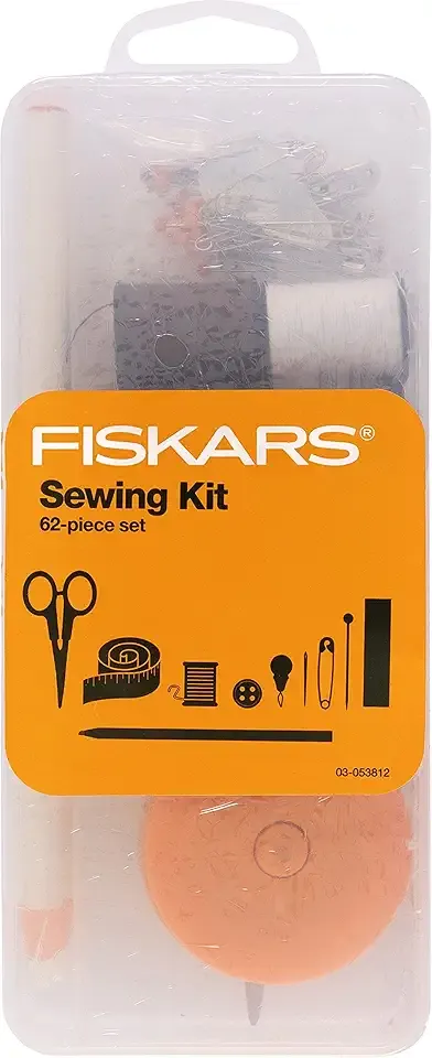 Fiskars Sewing Kit with Scissors, Measuring Tape, Pins, Thread and More, 62-Piece Sewing Set with Case, Craft Supplies, Clear