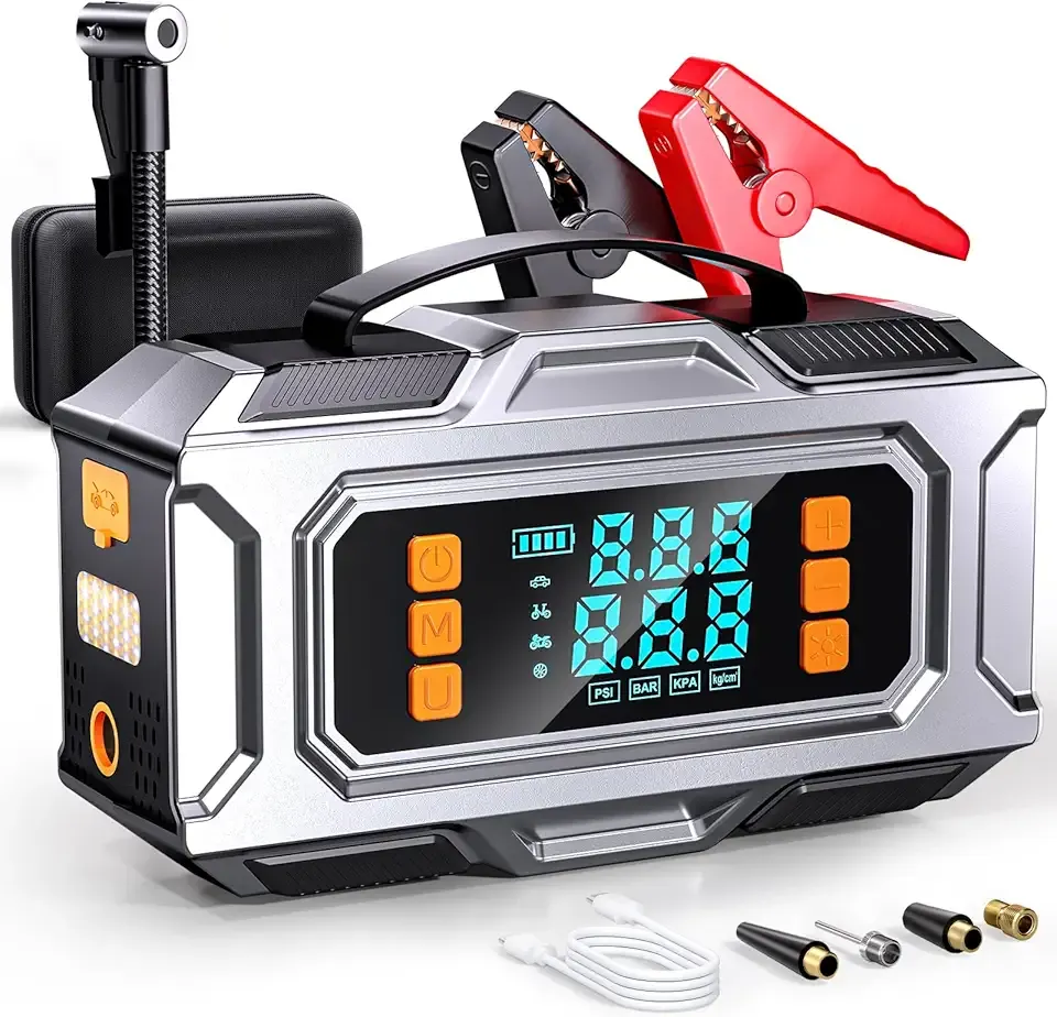 Jump Starter with Air Compressor, 8000A Car Battery Jump Starter (9.0 Gas/8.0L Diesel), 180PSI Car Battery Jumper Starter Portable 12V Jump Box with Jumper Cables, LED Light, Power Bank, LCD Display