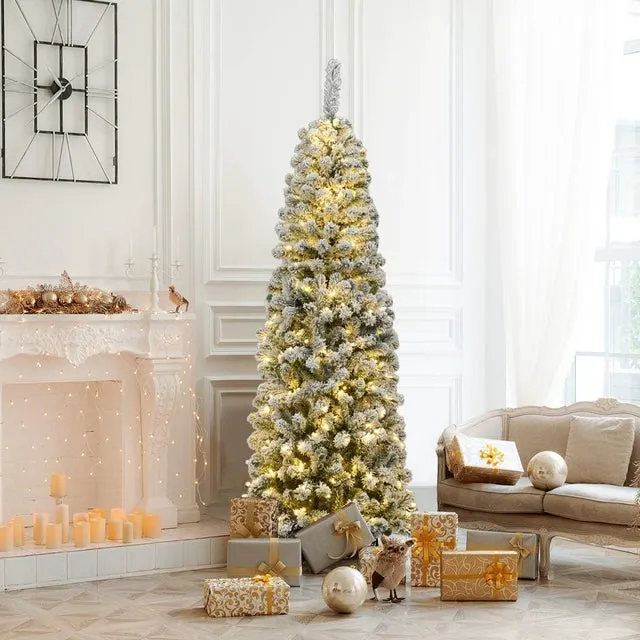 Árbol de Navidad Nevado con Luces 225cm, Arbol de Navidad Slim/Estrecho con Luces Incorporadas, 350 Luces LED Cálidas, Arvore de Natal con 641