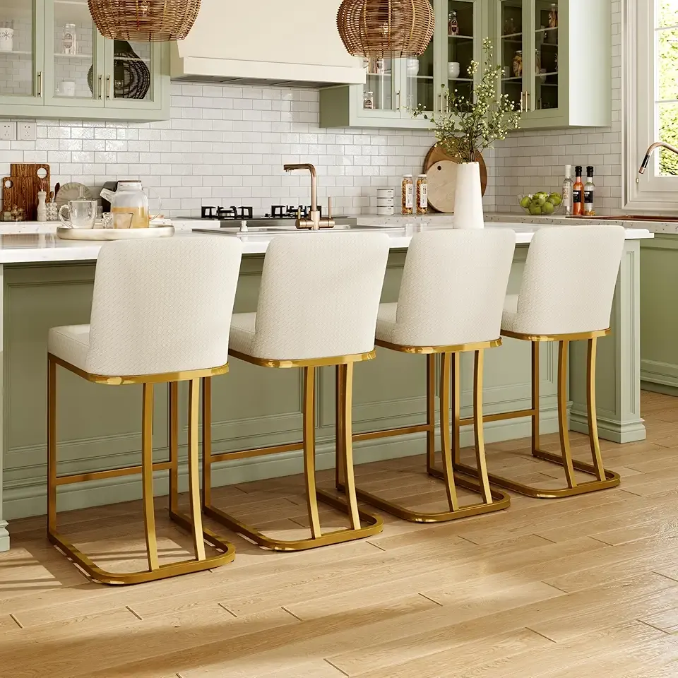 MAISON ARTS Off White & Gold Counter Height Bar Stools with Back Set of 4 for Kitchen Counter 24 Inch Modern Upholstered Faux Leather Barstools Farmhouse Bar Chairs Luxury Island Stools Support 330LBS
