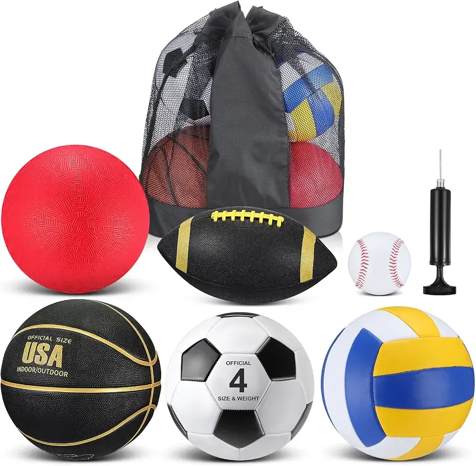 Realspring 6 Pcs Kids Sport Ball Set Includes Official Size Soccer, Basketball, Football, Volleyball, Playground Ball, Baseball with Bag & Pump Back to School Gift for Teens Outdoor Sport Play