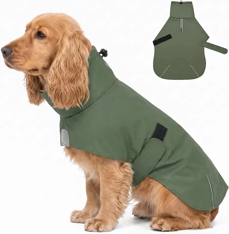 Easy-On PU Dog Raincoat, No Leg Holes (Olive Green, Medium) | Wipe-clean waterproof shell, adjustable high collar, zippered leash hole and reflective trim