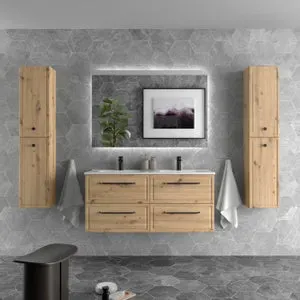 Mueble de Baño RUNA 120cm Roble 4 cajones Lavabo 2 pozas Porcelana