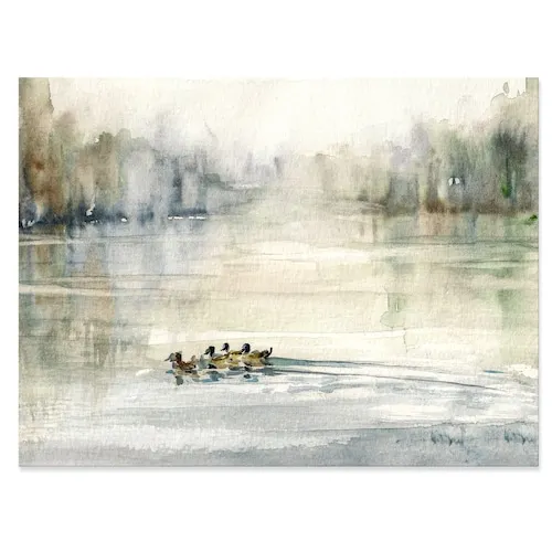 Ducks In Pond - Animals Painting Print On Wrapped Canvas - 32X16