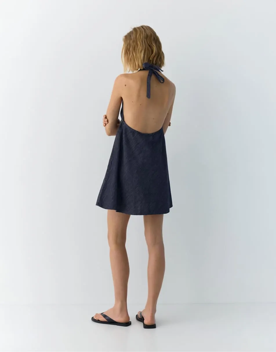 Pull&Bear Short denim halter dress in dark blue