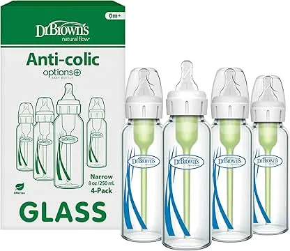 Dr. Brown's Anti-Colic Options+ Narrow Glass Baby Bottle with Level 1 Slow Flow Nipple, BPA-Free, 8 oz/250 mL, 4-Pack Dr. Brown's Anti-Colic Options+ Narrow Glass Baby Bottle wit…