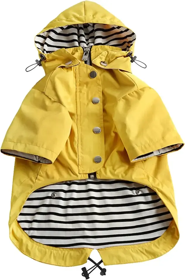 Dog Zip Up Raincoat with Reflective Buttons, Rain/Water Resistant, Adjustable Drawstring, Removable Hood, Raincoats with Legs 8lbs to 80lbs Available - Yellow - Medium