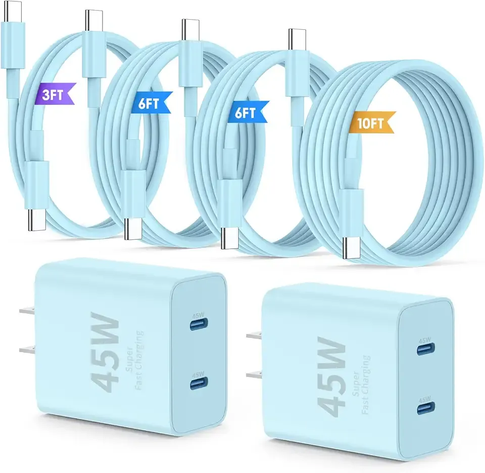 QZIIW Super Fast Samsung Charger Type C,45W Dual Port USB C Fast Charger Block [2-Pack] & Extra Long 60W 3/6/6/10FT USB C Cable - PD Quick Charging 3.0 for Samsung Galaxy S25 Ultra/S24+/S23 iPhone 16