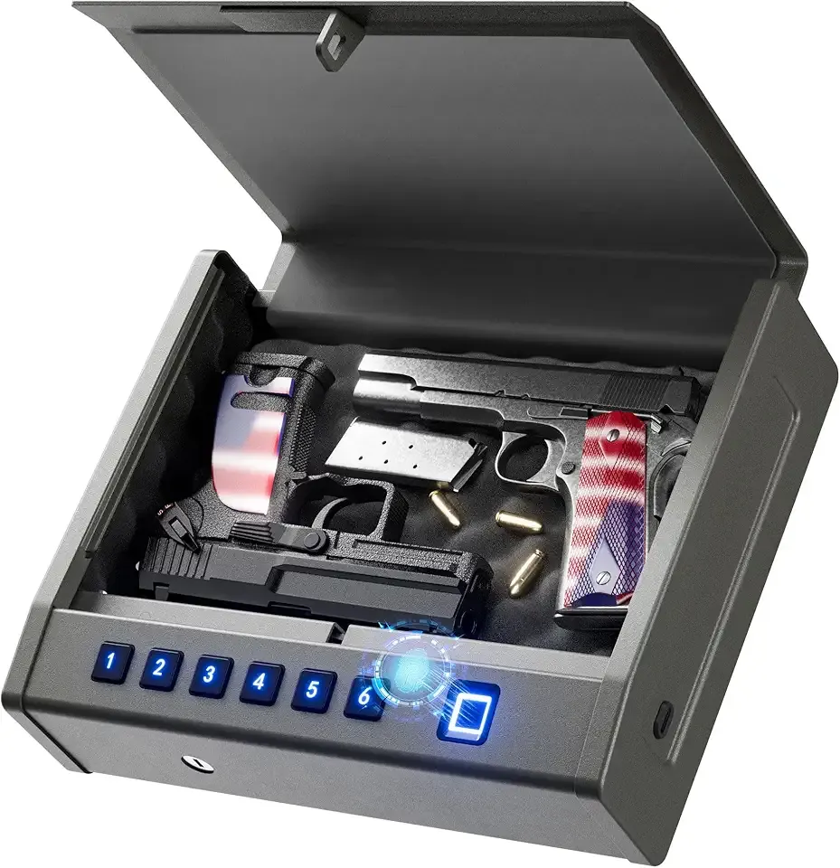 Grimtron Biometric Gun Safe for Handgun – Quick Access Pistol Safe with 100 Fingerprints, Backlit Keypad & Backup Keys – Gun Lock Box for Nightstand, Bedside, Car, Truck & Vehicle Use