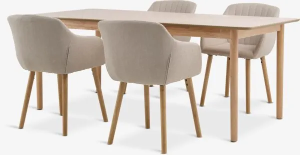 NORDENSKOV L200/280 tafel naturel eiken + 4 ADSLEV beige