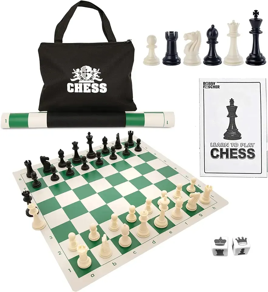WE Games Chess Set - Tournament Style with 34 Pieces, Vinyl Roll-Up Board, Storage Bag & Equalizer Dice. Ideal for Adults