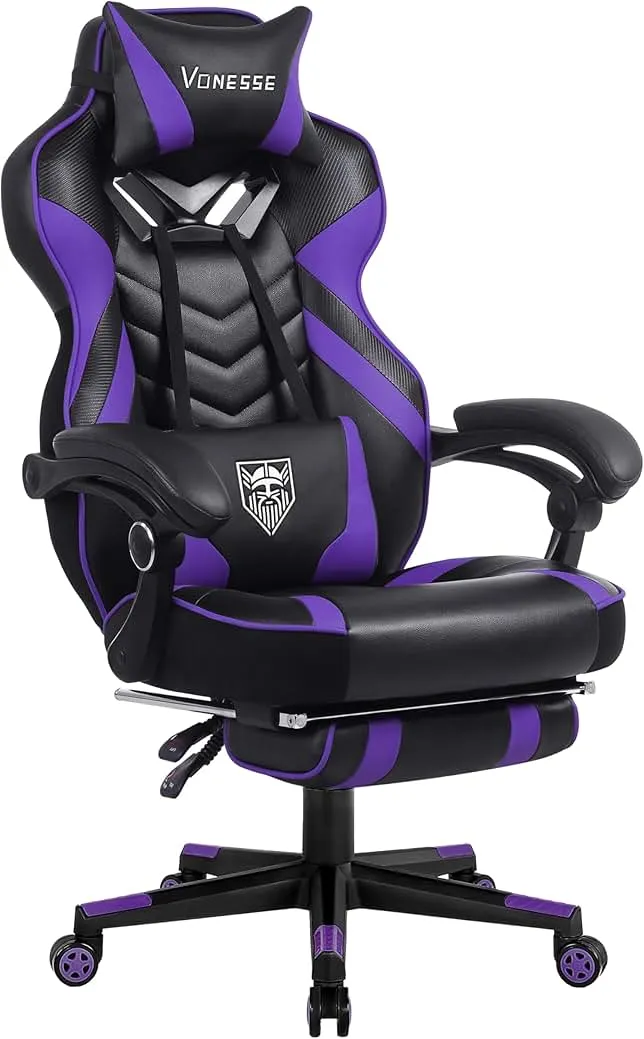 Vonesse Gaming Chair, Big and Tall Gaming Chair with Footrest and Massage, Gaming Chairs for Adults with Lumbar Support, Ergonomic High Back Computer Chair with Pocket Spring Cushion (Purple/Black)