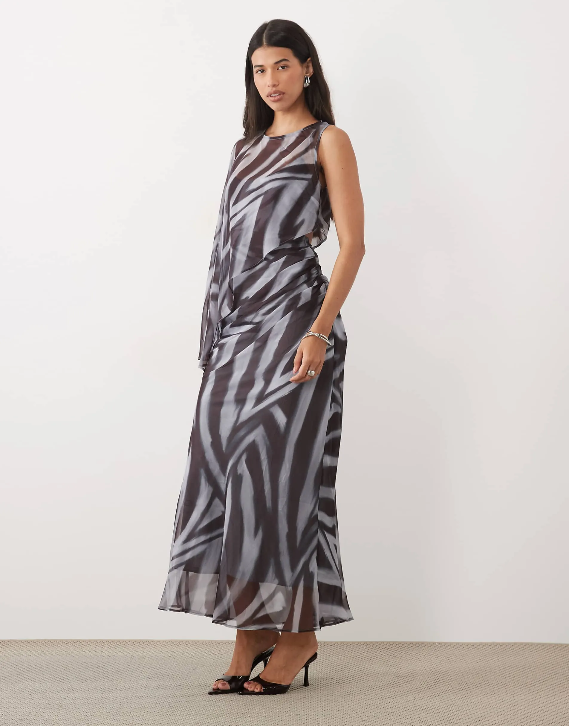 ASOS DESIGN draped batwing asymmetric one sleeve maxi dress in zebra abstract stripe