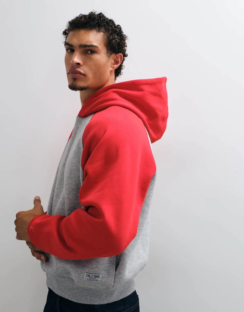 COLLUSION boxy raglan hoodie in grey marl + red