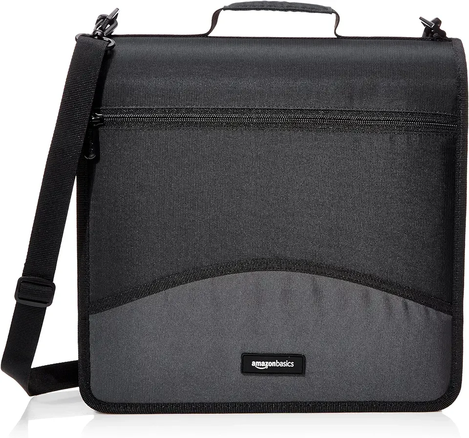 Amazon Basics Durable 3 Ring Binder with Zipper and Strap, Multiple Pockets, Sturdy Storage for School and Office, 3 inch, Black