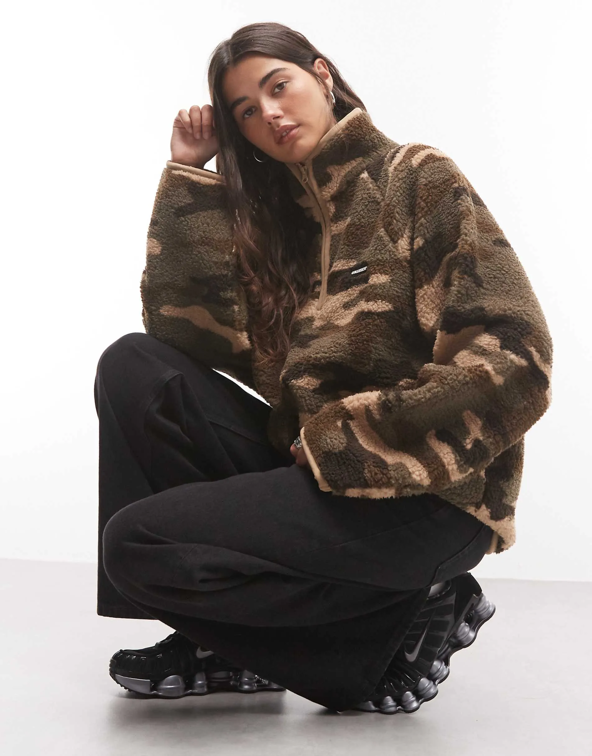 COLLUSION borg fleece track top in camo print