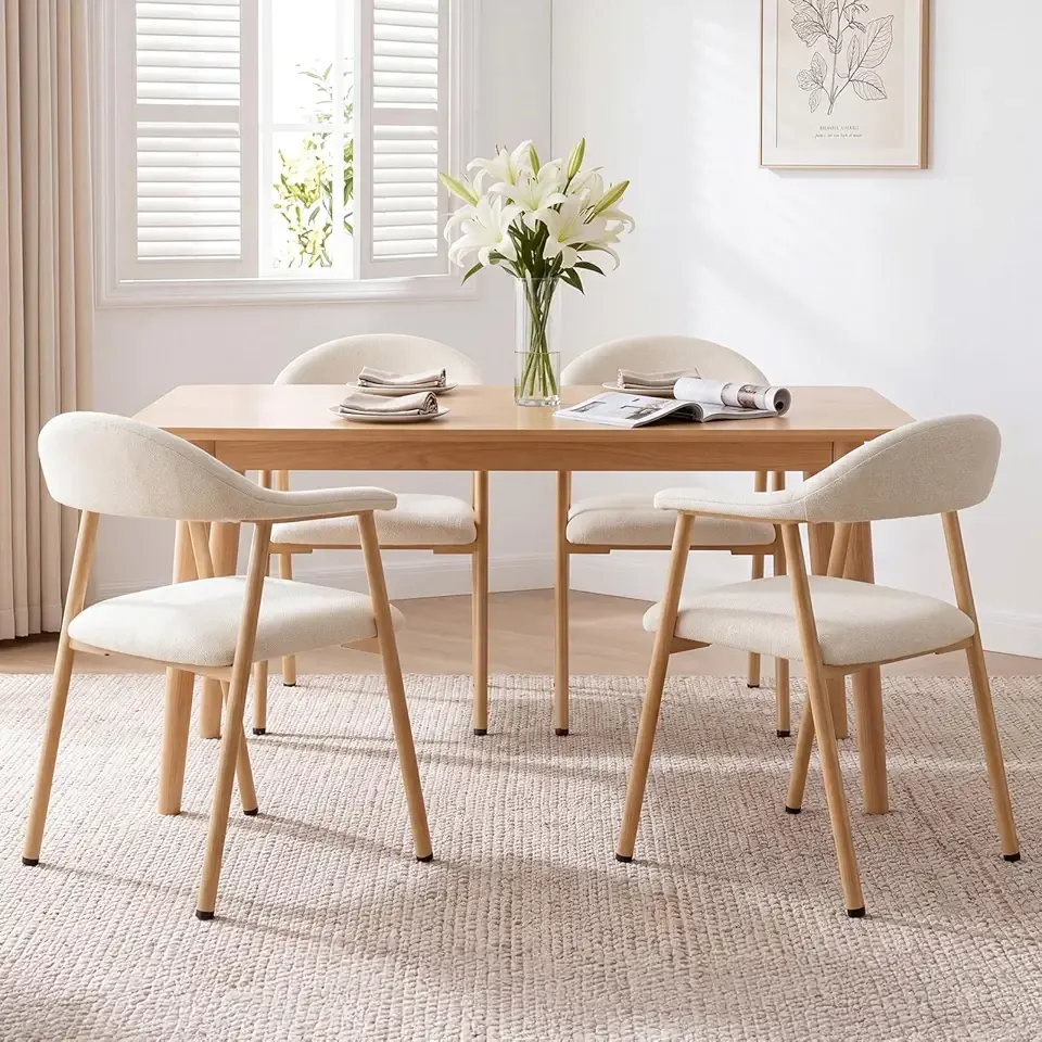 DUMOS Dining Chairs Set of 4, Linen Fabric Upholstered Kitchen Side Chairs with Curved Backrest & Metal Legs, Modern Farmhouse Accent Chairs for Dining Room Kitchen Living Room Cafe, Beige