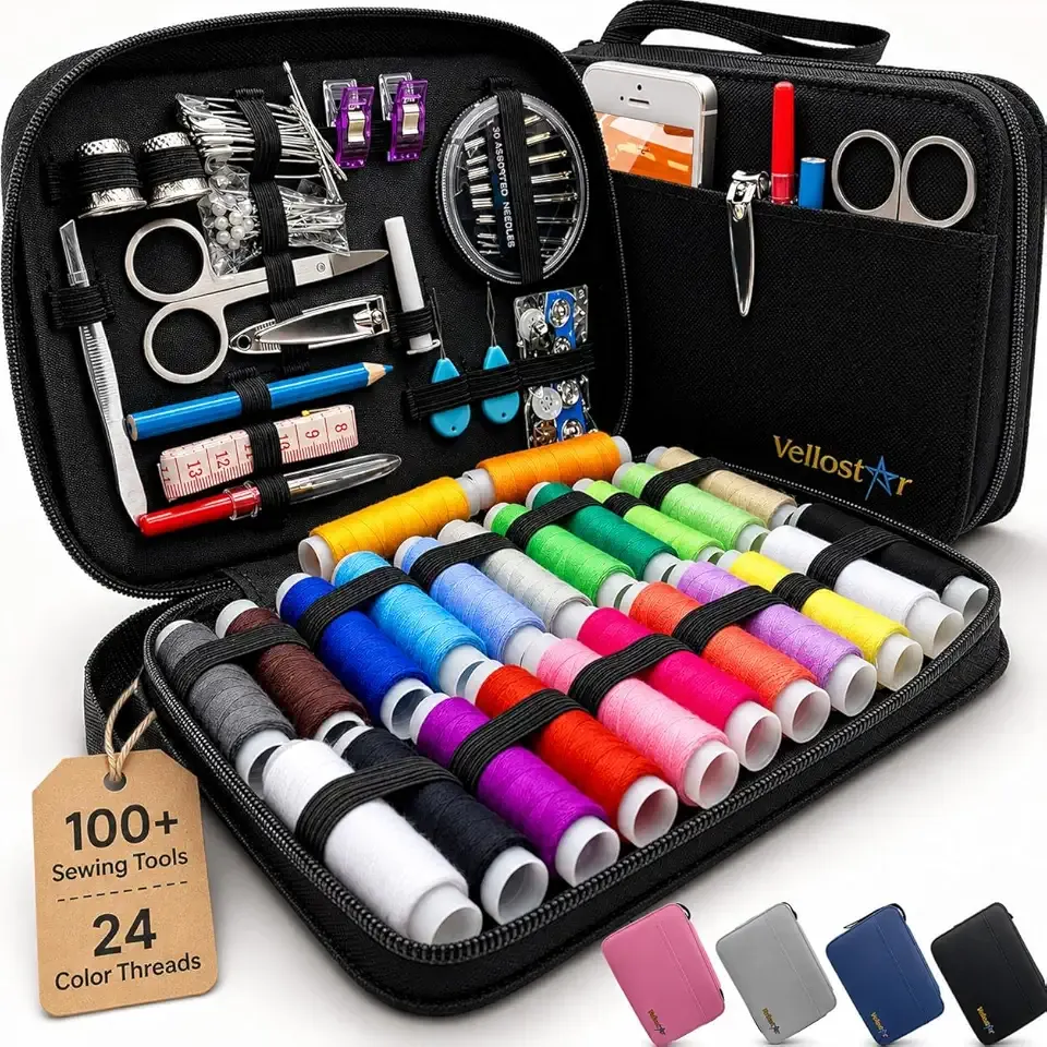Vellostar Sewing Kit for Adults & Beginners – Portable Needle & Thread Travel Kit w/ 24 Thread Colors, Needles, Scissors & Tape Measure for Emergency Clothing Repairs, Buttons, Hemming & Home Mending