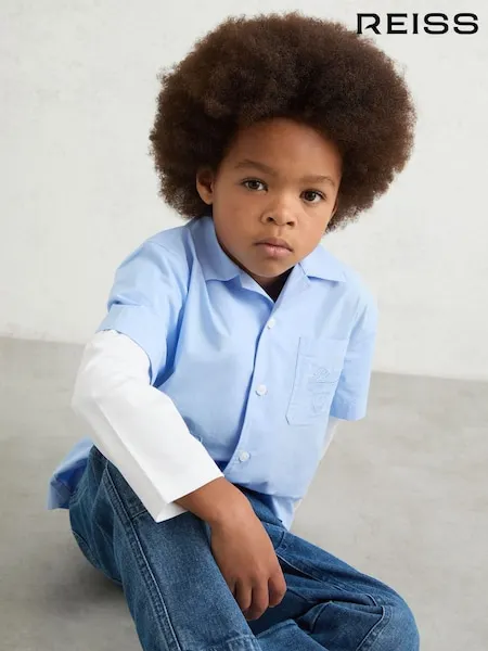 Reiss Blue/White Grayson 3-9 yrs Cotton Motor Cars Dual-Sleeve Shirt