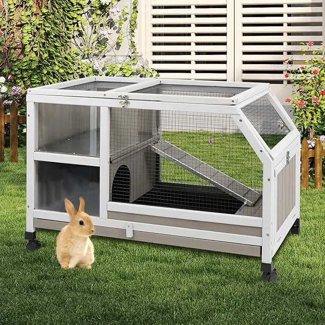 36''L Rabbit Hutch Outdoor with Casters and Run, Wooden Indoor 2 Story Guinea Pig Cage with Divider Panel, Pull Out Tray, Rabbit Duck Bunny House for Small to Medium Animals and Pet Lover, Gray