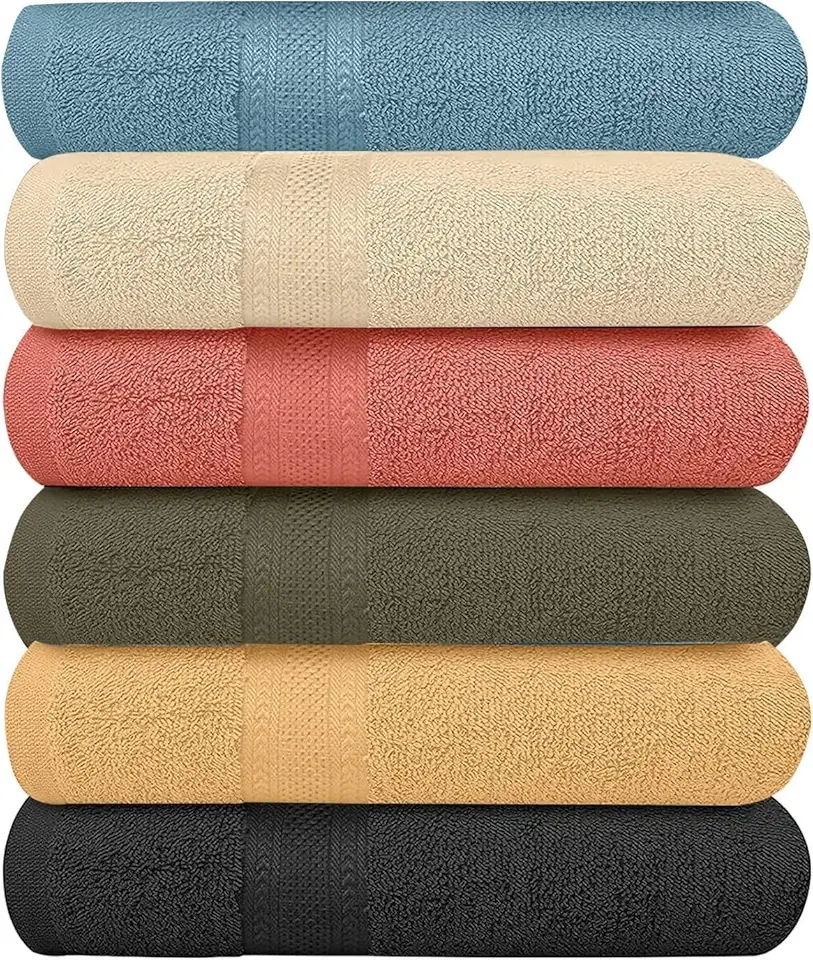 Pack of 6 Bath Towels Set 27 x 54 Inches, 100% Cotton, Larger & Lighter Weight, Quicker to Dry ((Blue, Cream, Pink, Navy Blue, Beige, Grey), Pack of 6 (27''x54''))
