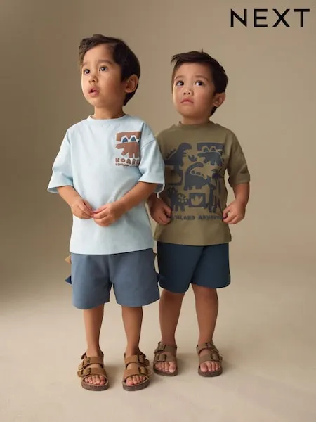 Blue/Brown Dinosaur Spikes Short Sleeve T-Shirt and Shorts Set 2 Pack (3mths-7yrs)