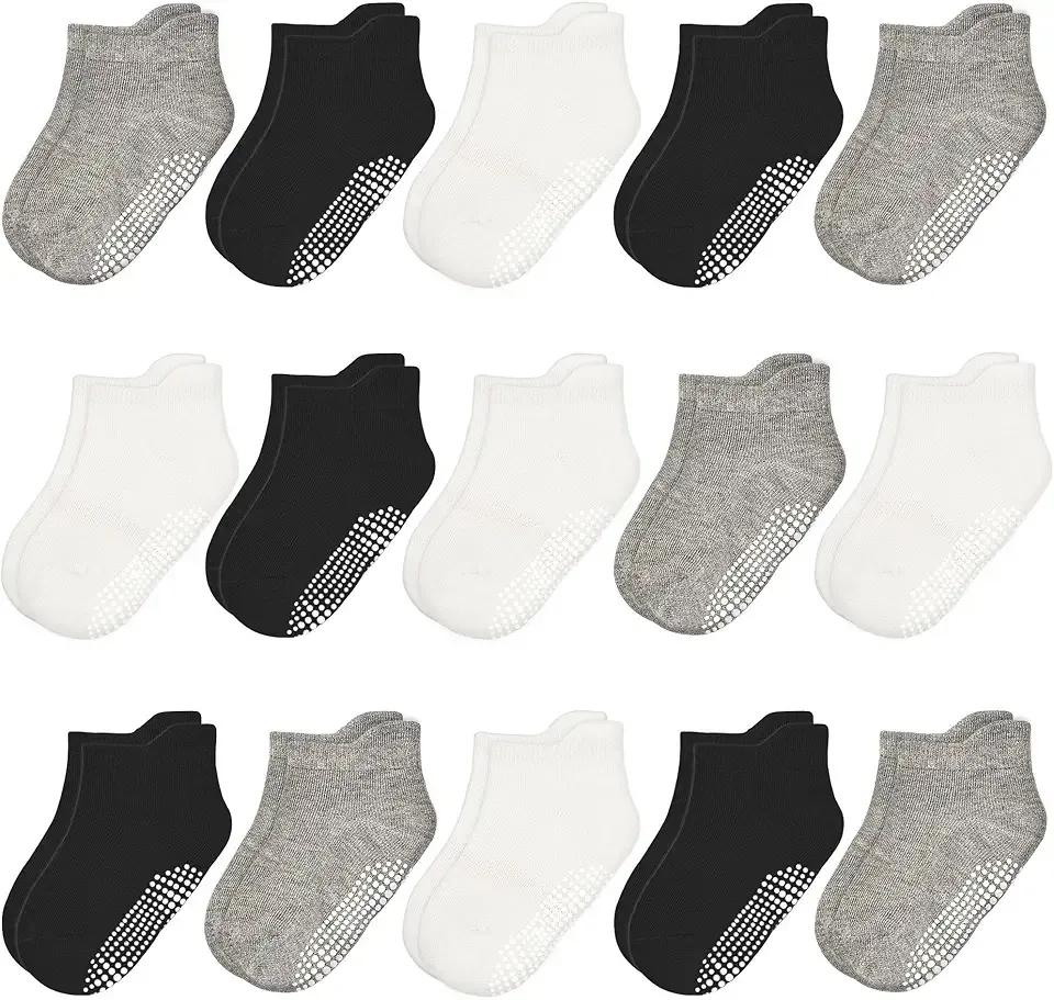 15 Pairs Toddler Socks, Kids Grip Socks for 6-12 Month 1-7 Years Non Slip Ankle Sock for Baby Boys Girls