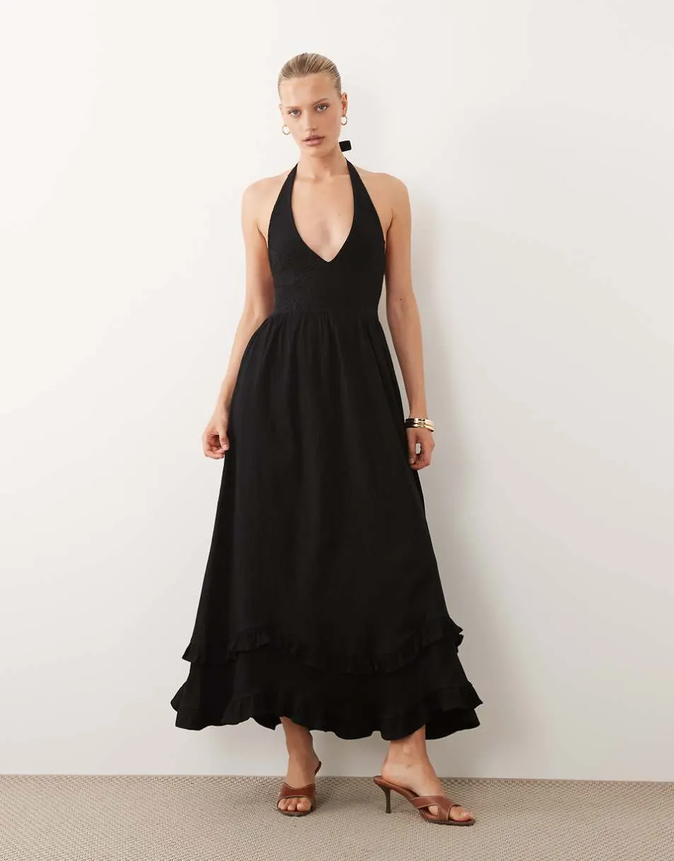 ASOS DESIGN crochet halter tiered midi dress in black