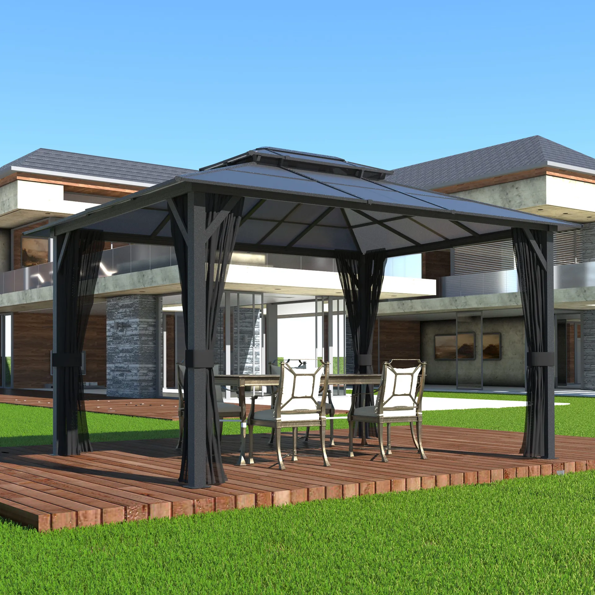 13-ft x 10-ft Gray Gazebo with Hardtop Roof (Screen Included)