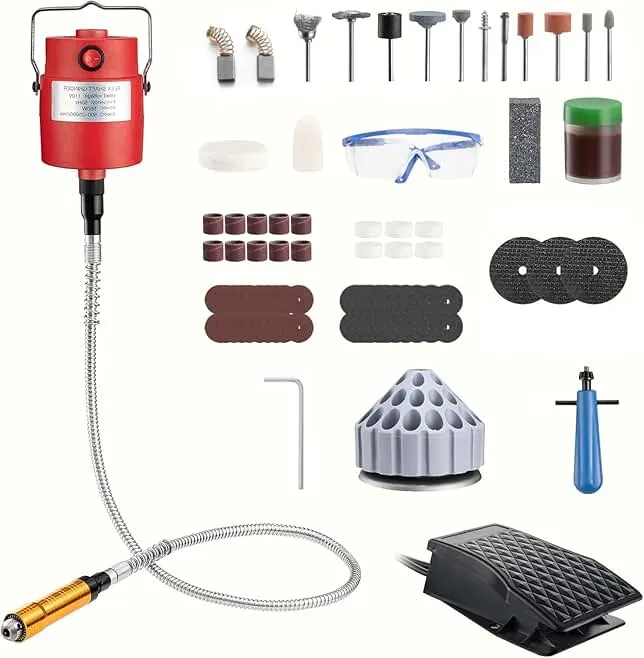 DZQ Flex Shaft Grinder 560W Rotary Tool Kit Rotary Carver with 3 Jaw Chuck 500-23000 RPM Foot Pedal Hanging Grinder with with Rotating Bur Holder for Grinding,Carving,Polishing,Engraving w/ 77pcs Accs