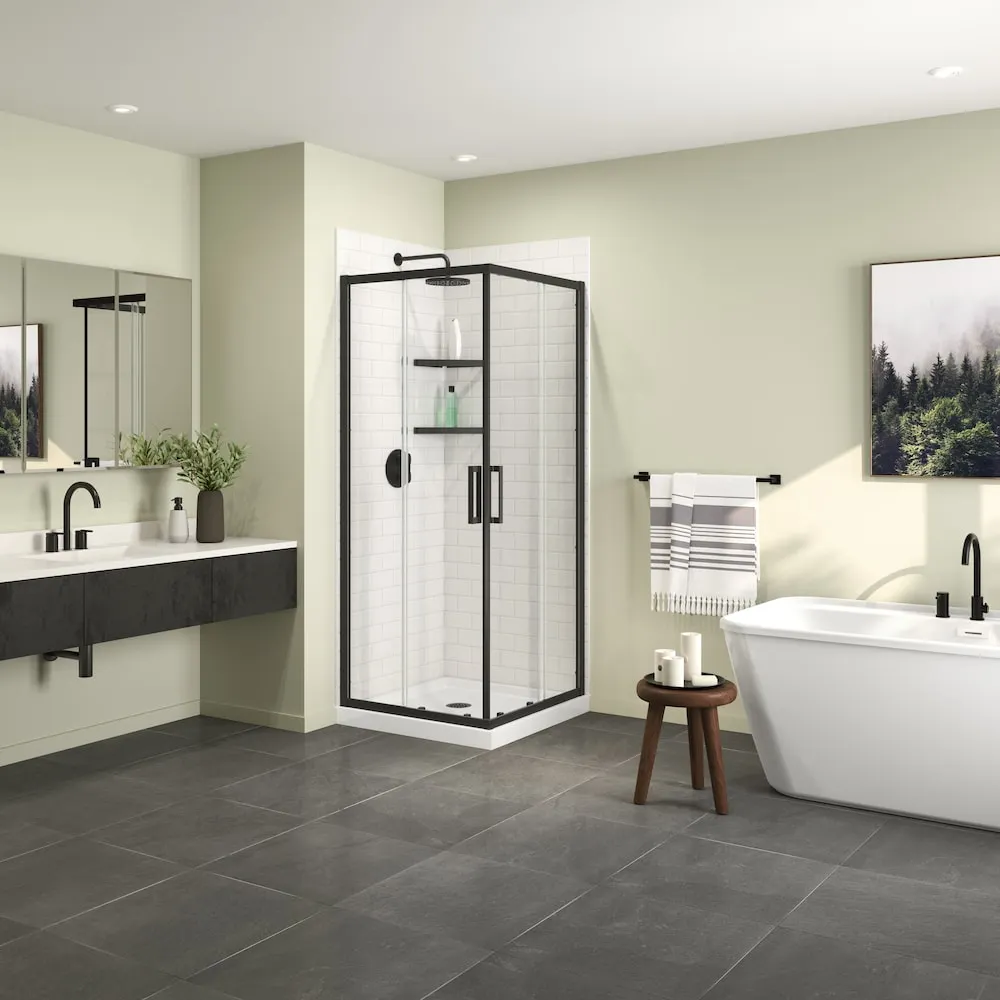 MAAX Scarlet 32L x 32W x 75H in. 2-in-1 Corner Shower Kit - Shower Enclosure with Corner Drain Shower Base and Glass Shower Door in Black (No Wall)