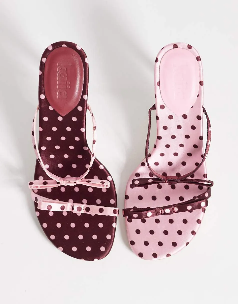 Kaiia exclusive contrast bow detail kitten heels in burgundy and pink polka dot