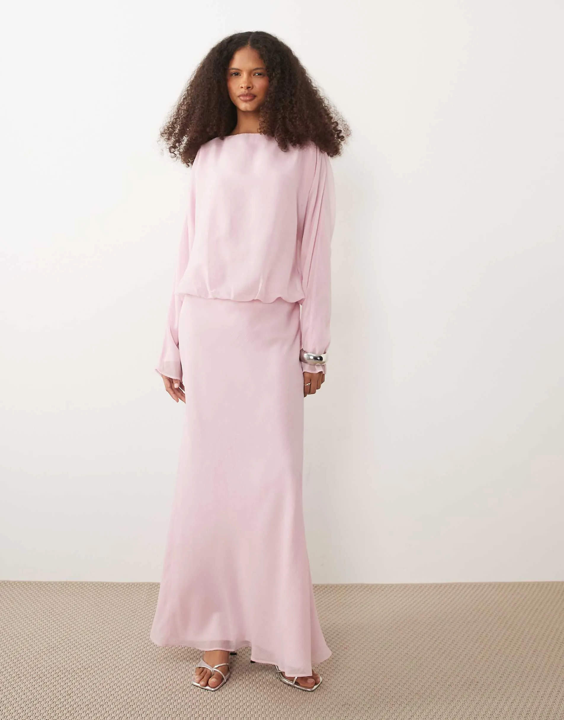 ASOS DESIGN slash neck long sleeve maxi dress in soft pink