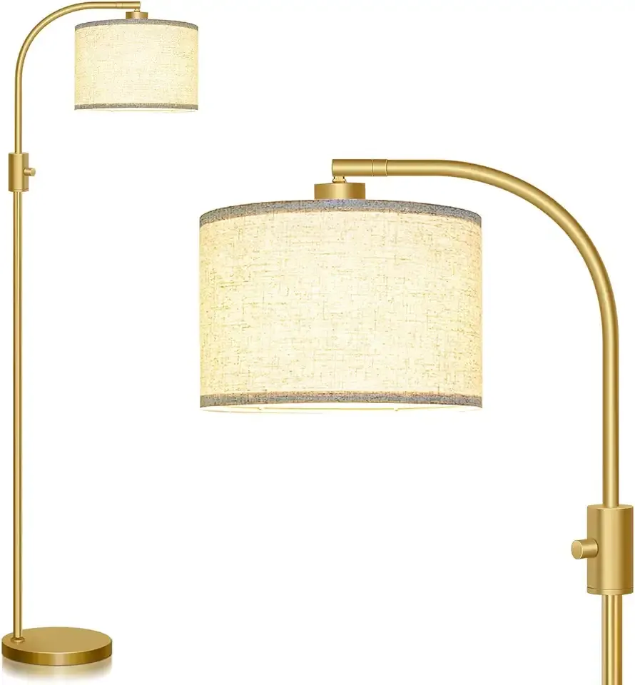 Nintiue Upgraded Modern Arc Dimmable Tall Standing Floor Lamp with Linen Shade, 1200 Lumens LED Bulb Included, for Living & Reading Room, Bedroom, Office & Nursery, Gold
