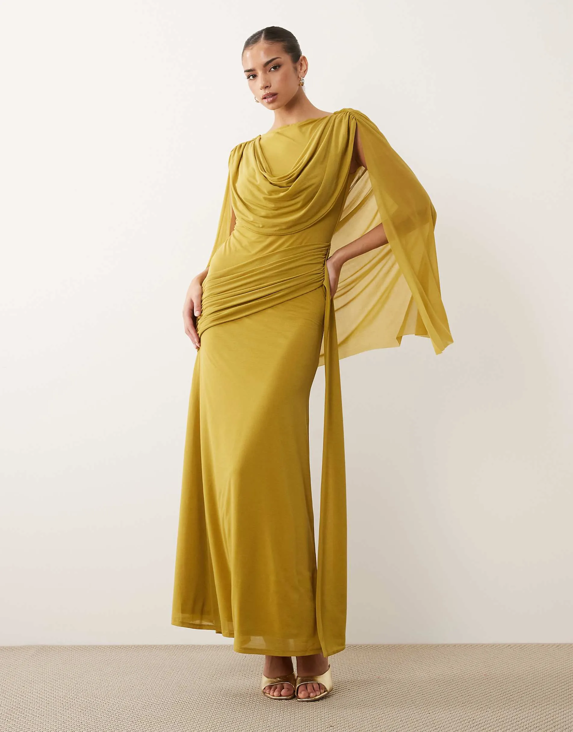 ASOS DESIGN stretch chiffon cape detail cowl maxi dress with sash detail in chartreuse