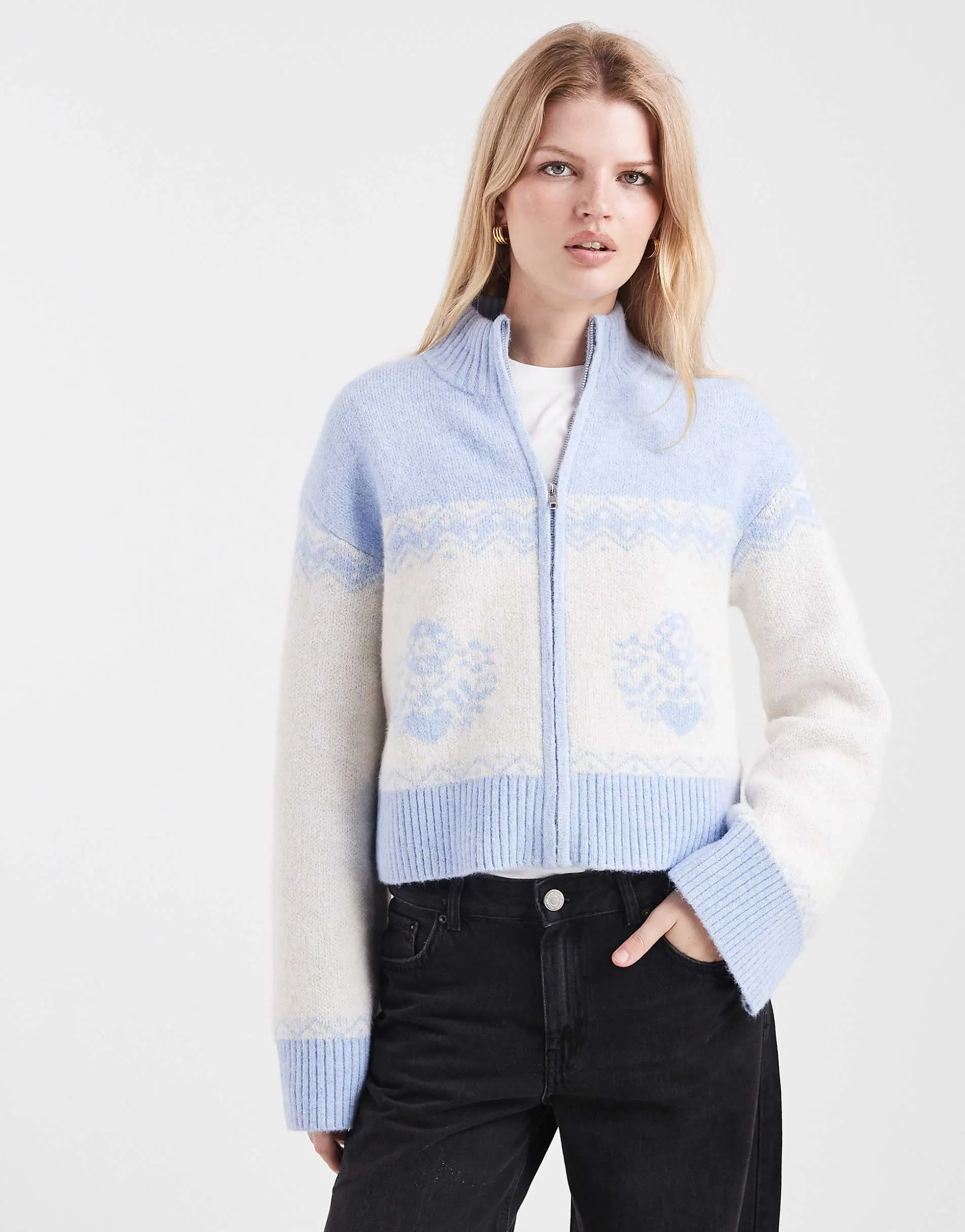 Miss Selfridge zip detail pattern cardigan in blue