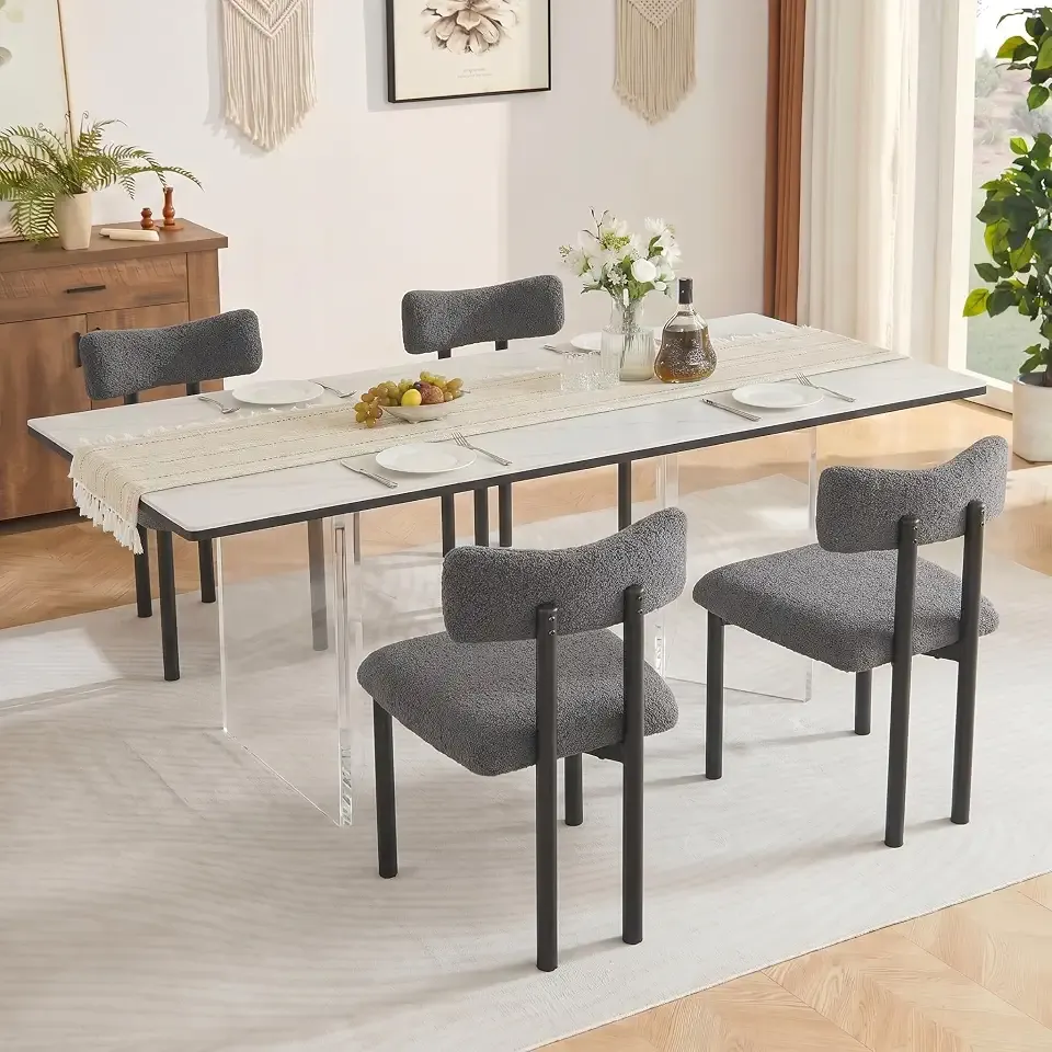 Upholstered Dining Chairs Set of 4 for Kitchen Dining Room(Grey) | Mid Century Modern Boucle Fabric Dining Chairs with Curved Back and Black Metal Legs