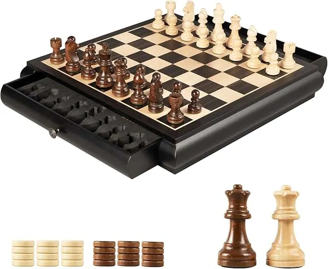 VAMSLOVE Wooden Chess Checkers Game Set 15.5" Large Size Board w/Storage Drawers, Weighted Chess Pieces - 2 Extra Queens 3" King, Gi…