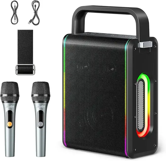 Moukey MPS5 Portable Karaoke Machine, 200W Peak Power Rechargeable Speaker with 2 Wireless Microphones& Strap, Support BT 5.3/REC/AUX/MP3/USB/TF, for Home/Party/Outdoor/Adults/Kids