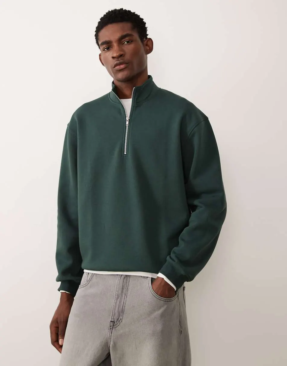 ASOS DESIGN essentials relaxed quarter zip sweatshirt in dark green