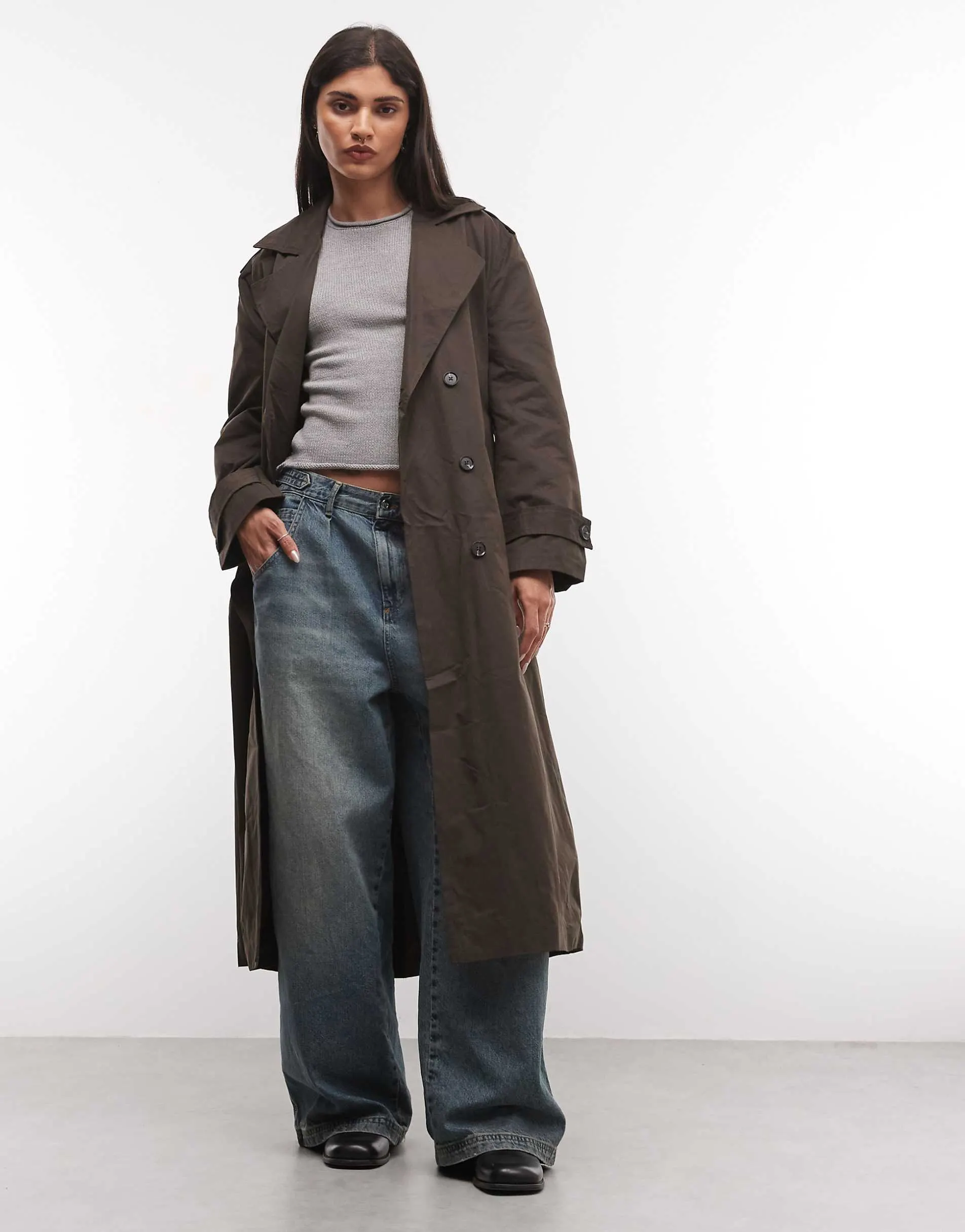 COLLUSION oversized double breasted trench coat in brown