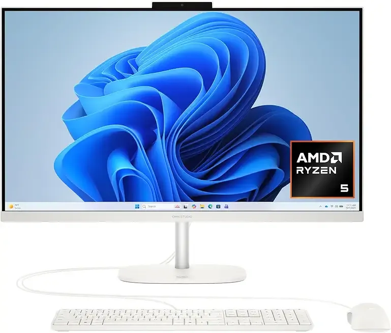 HP OmniStudio 27 inch All-in-One Desktop PC, FHD Display, AMD Ryzen 5 220, 16 GB RAM, 512 GB SSD, AMD Radeon 740M Graphics, Windows 11 Home, Cotton White, 27-cv0002 (2026)