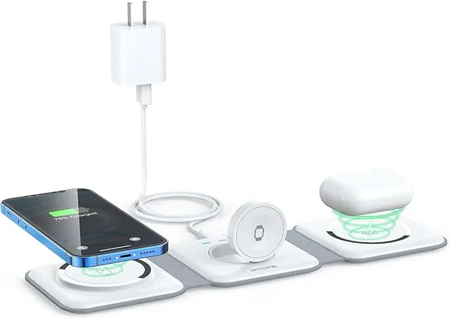 Wireless Charger 3 in 1,RTOPS Magnetic Travel Wireless Charging Station Multiple Devices,GaN 3 in 1 Charging Station,Compatible for iPhone16/15/14/13/Pro/Max,iWatch,AirPods4/3/2/Pro(Adapter In…