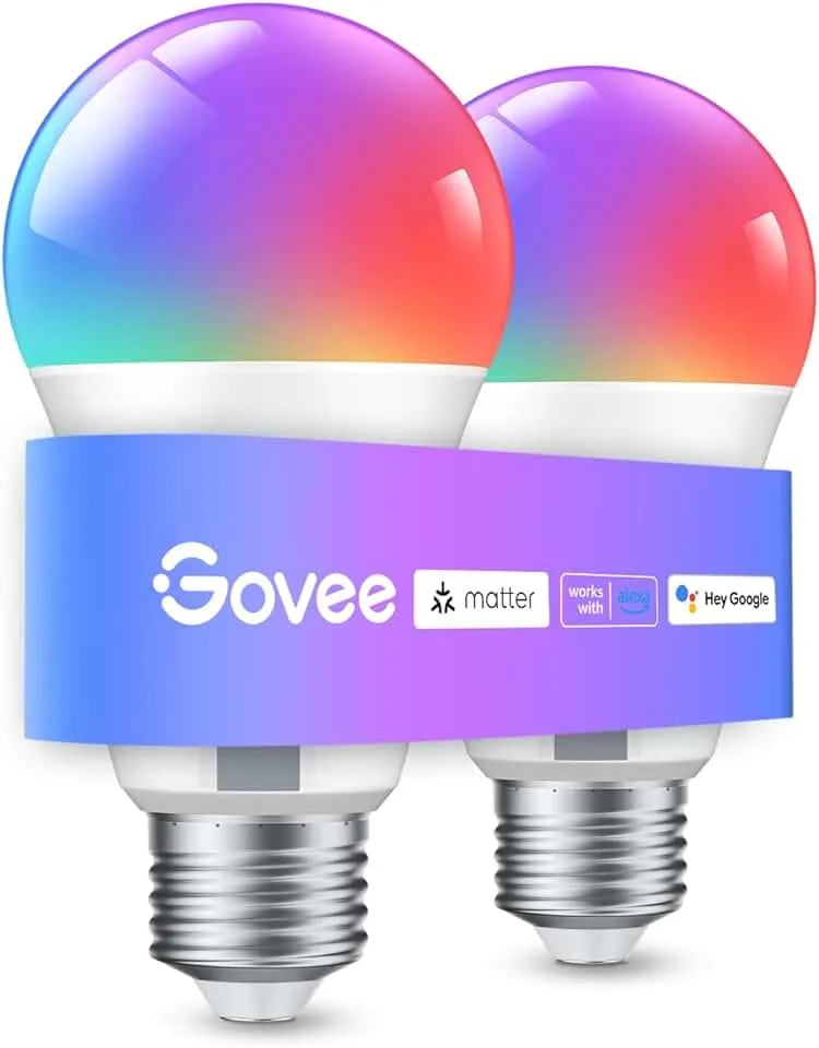Govee Smart Light Bulbs, A19 LED Light Bulb, 800 Lumen, E26 Base | Works with Matter Alexa & Google Assistant, RGBWW Color Changing Light Bulb, Music Sync, WiFi & Bluetooth Connection, 2 Pack
